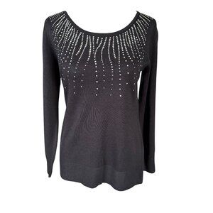 greige black long sleeve stretchy top with ribbed edges and rows of sequin small
